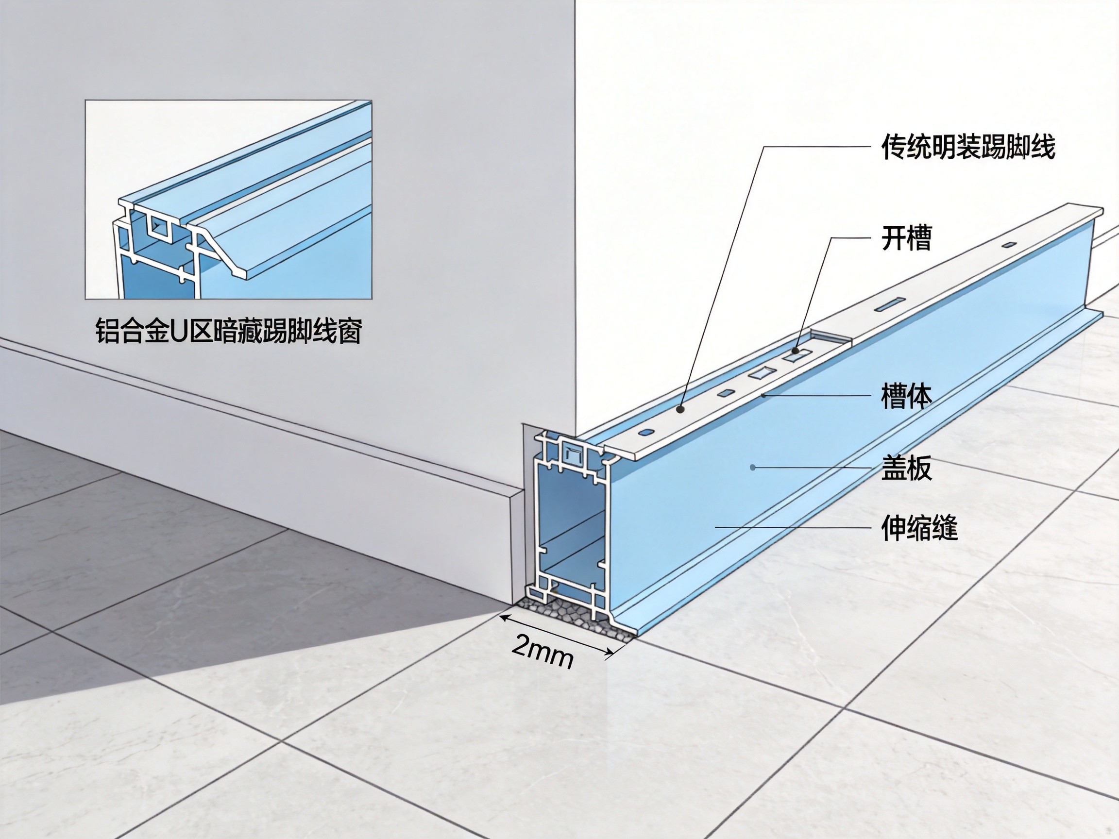 暗藏式铝合金踢脚线开槽安装剖面图 槽体盖板伸缩缝示意